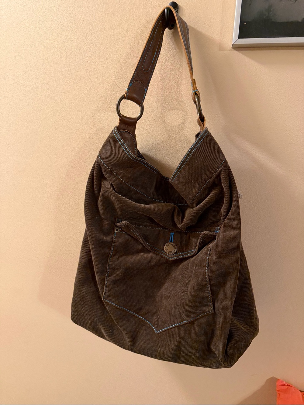 Gap Brown Corduroy Reversible Tote with Leather Strap and Teal Stitching